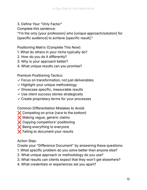 Define Your Only Factor - framework sample from 6-Day Path to Your Ideal Niche