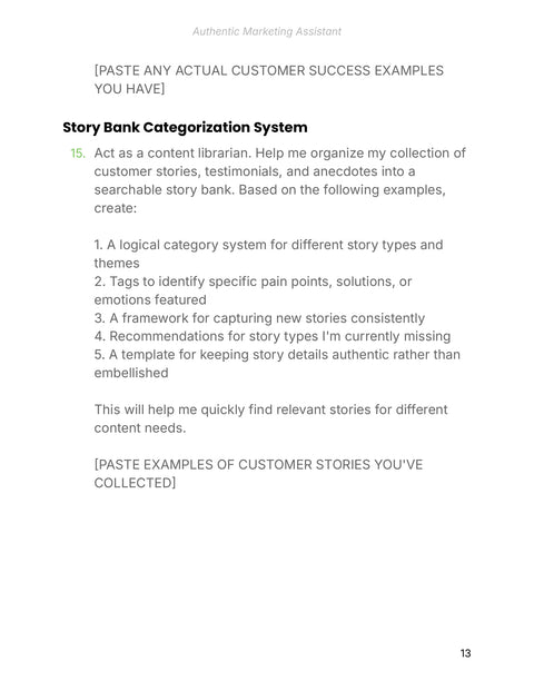 Story Bank Categorization System - practice sample from Authentic Marketing Assistant