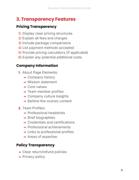 Build Transparency and Trust - framework sample from Business Websites Mastery - Guide