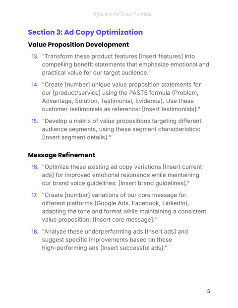 Section 3: Ad Copy Optimization Value Proposition Development - practice sample from Effective Ad Copy Prompts