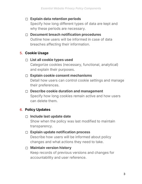 Document Retention, Cookies and Updates - act sample from Essential Website Privacy Policy Components