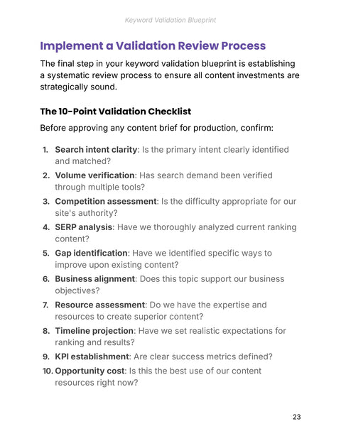 The 10-Point Validation Checklist - practice sample from Keyword Validation Blueprint
