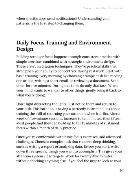 Daily Focus Training and Environment Design - practice sample from Maximize Your Brain’s Potential