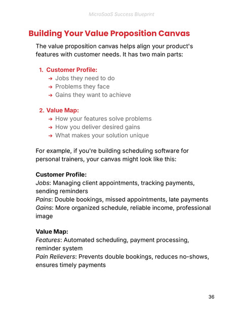 Map a Value Proposition Canvas - framework sample from MicroSaaS Success Blueprint - Ebook
