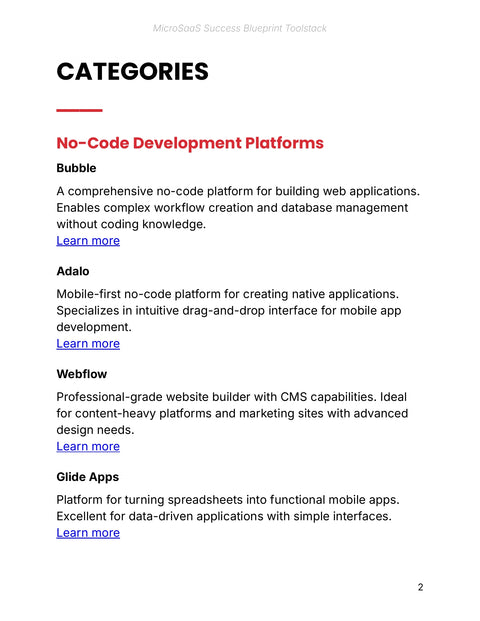Compare No-Code Platforms - understand sample from MicroSaaS Success Blueprint - Toolstack