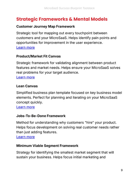 Choose Strategic Planning Models - framework sample from MicroSaaS Success Blueprint - Toolstack