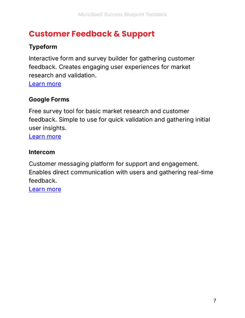 Collect Feedback and Support Users - practice sample from MicroSaaS Success Blueprint - Toolstack