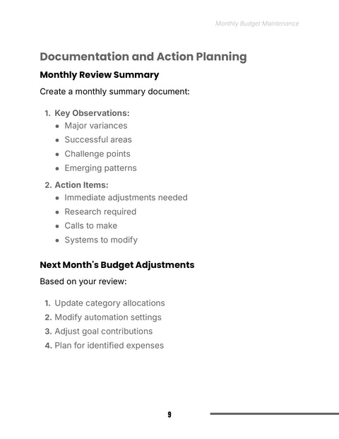 Documentation and Action Planning - act sample from Monthly Budget Maintenance