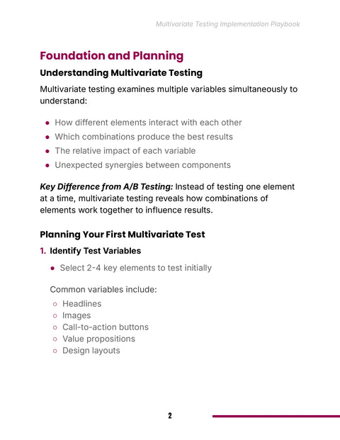 Understand Multivariate Test Variables - understand sample from Multivariate Testing Impementation Playbook