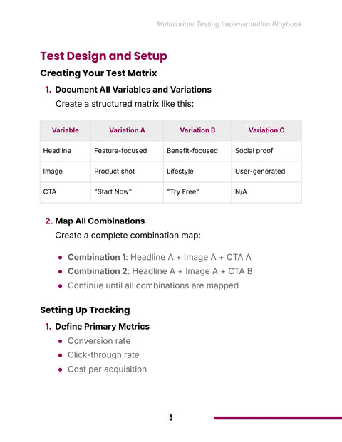 Build a Test Matrix - framework sample from Multivariate Testing Impementation Playbook