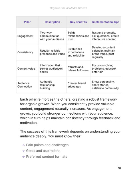 Pillar Description Key Benefits Implementation Tips - act sample from Organic Social Media Growth