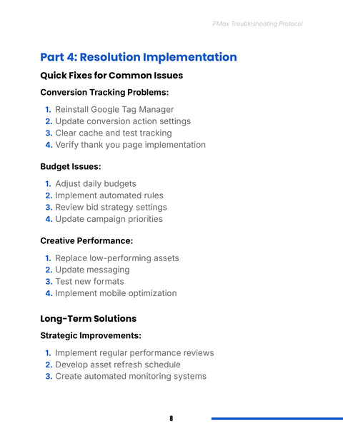 Part 4: Resolution Implementation - act sample from Performance Max Troubleshooting Protocol