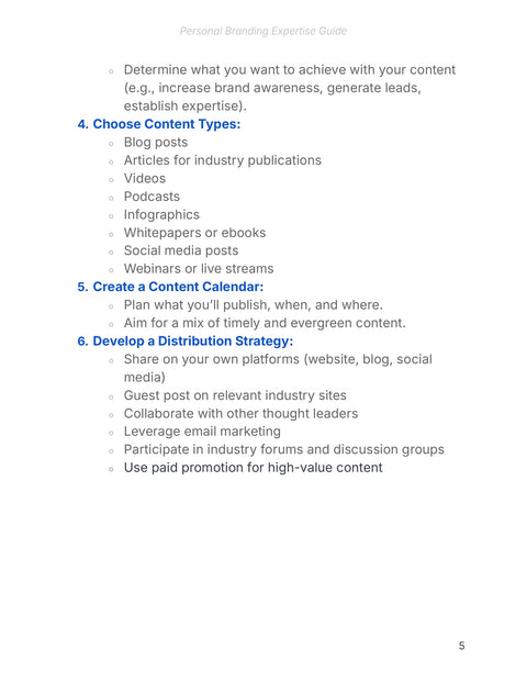 Plan Content and Distribution - framework sample from Personal Branding Expertise - Guide