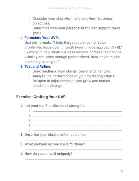 Draft Your Unique Value Proposition - practice sample from Personal Branding Expertise - Guide