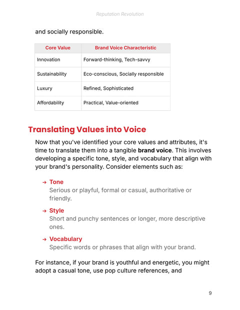 Translate Brand Values into Tone, Style and Vocabulary - understand sample from Reputation Revolution - Ebook
