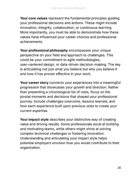 Define Values, Philosophy, Career Story and Impact - understand sample from Interview Success Blueprint
