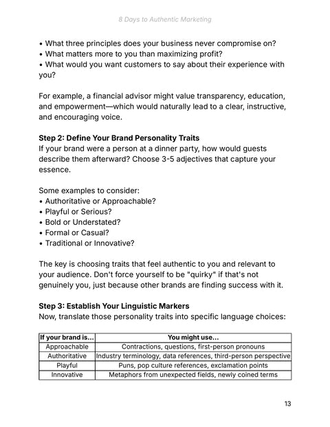 Translate Brand Personality into Language Choices - framework sample from 8 Days to Authentic Marketing