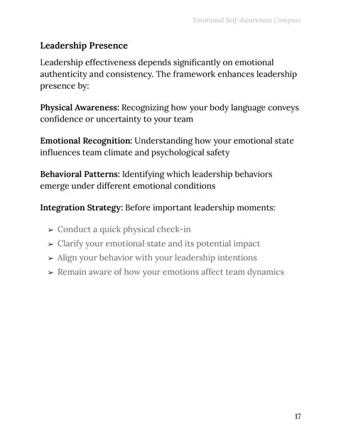 Apply the Three Dimensions to Leadership Moments - framework sample from Emotional Self-Awareness Compass
