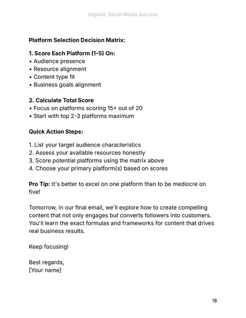 Score Platforms Against Four Fit Criteria - framework sample from Organic Social Media Success