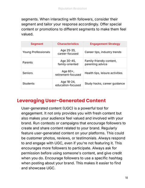 Match Four Audience Segments to Engagement Strategies - framework sample from Reputation Revolution - Ebook