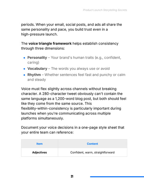 Align Personality, Vocabulary and Rhythm Across Channels - framework sample from Product Launch Storytelling Secrets