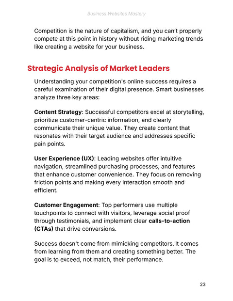 Compare Content, Experience and Engagement - framework sample from Business Websites Mastery - Ebook