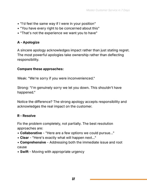Compare Apology Language and Four Resolution Criteria - framework sample from Master Customer Service in 7 Days