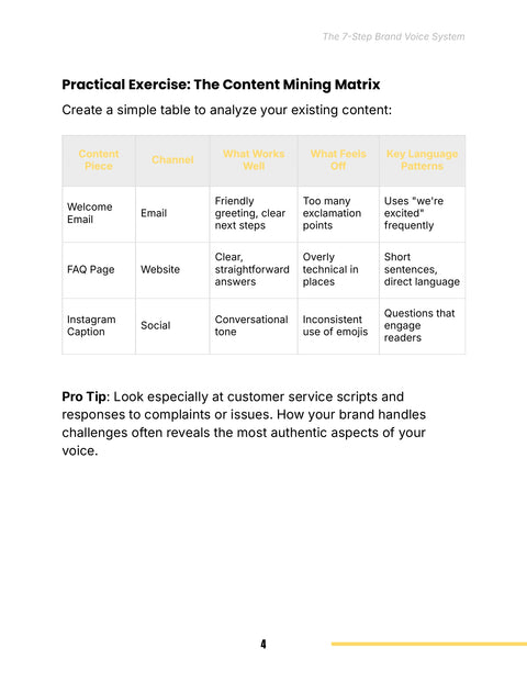 Review the Content Mining Matrix - practice sample from The 7-Step Brand Voice System