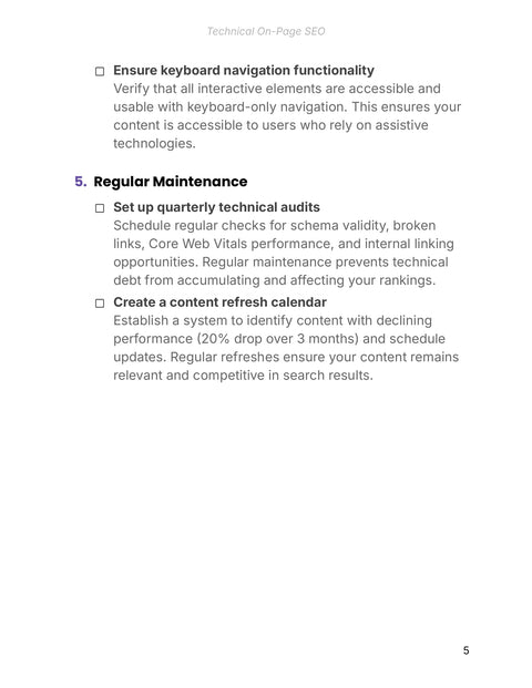 Schedule Maintenance and Refreshes - act sample from Technical On-Page SEO