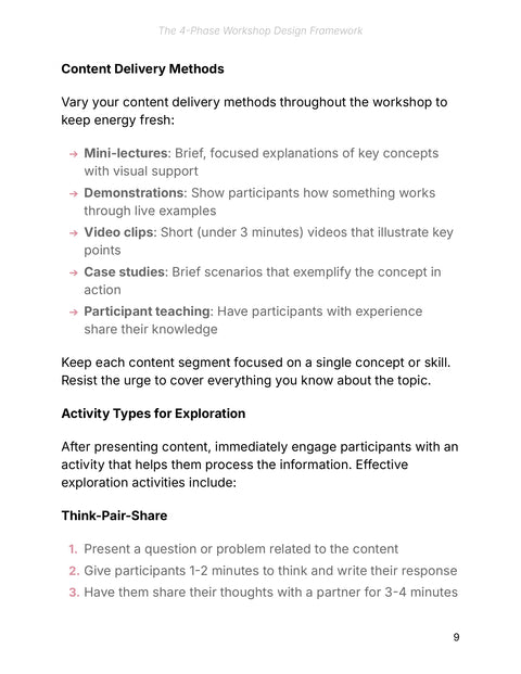 Content Delivery Methods - framework sample from The 4-Phase Workshop Design Framework