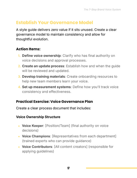 Practical Exercise: Voice Governance Plan - practice sample from The 7-Step Brand Voice System