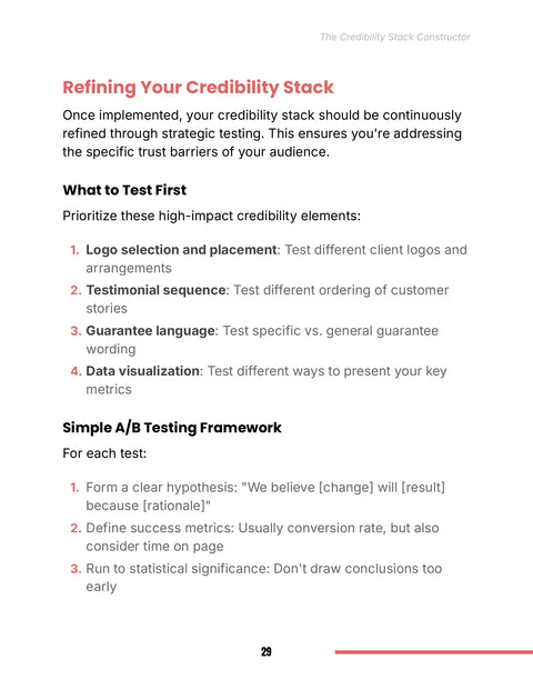 Simple A/B Testing Framework - framework sample from The Credibility Stack Constructor