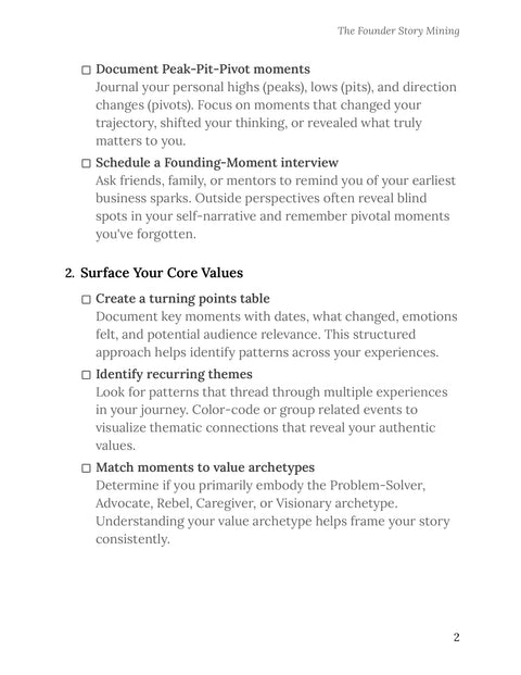 Map Experiences to Values - framework sample from The Founder Story Mining