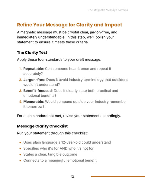 Message Clarity Checklist - practice sample from The Magnetic Message Formula