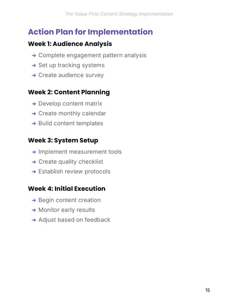 Action Plan for Implementation - act sample from The Value-First Content Strategy Implementation