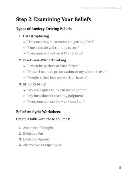 Belief Analysis Worksheet - practice sample from Think Clearly with ABCD Method