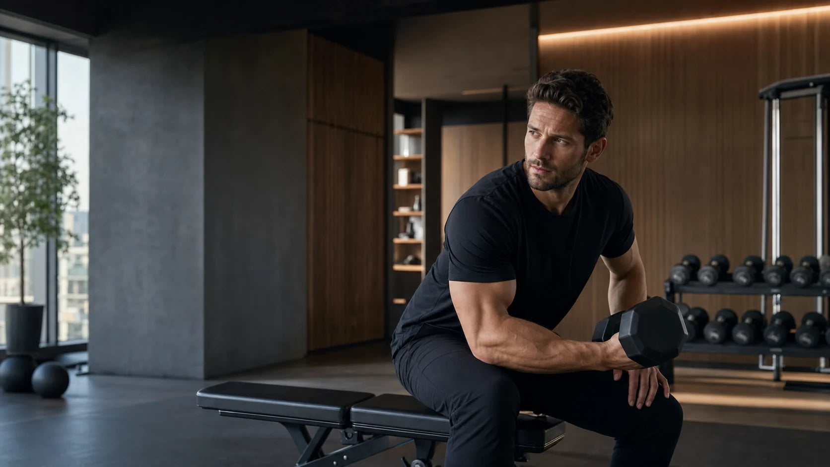 Adult man training with focus in a modern gym
