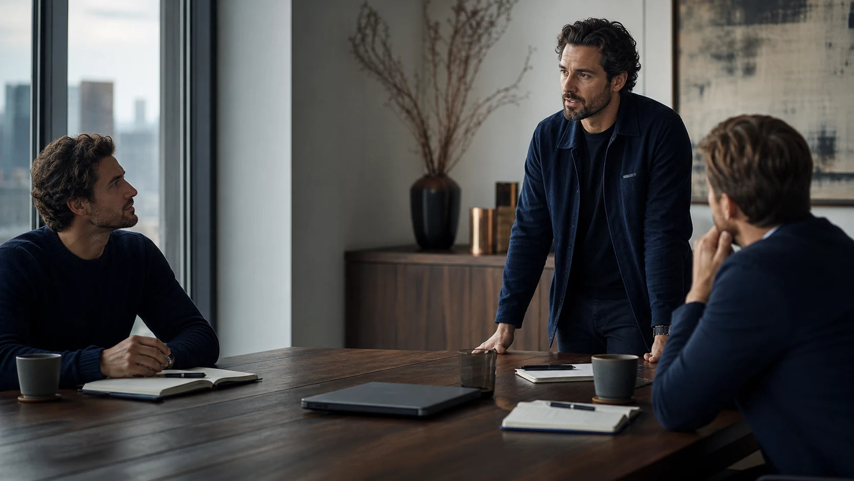 Adult man leading a focused strategy conversation