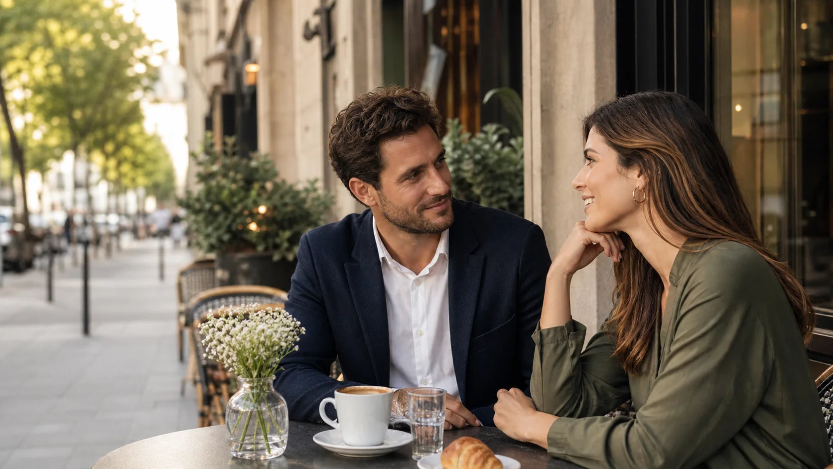 Adult couple having an attentive conversation at a cafe