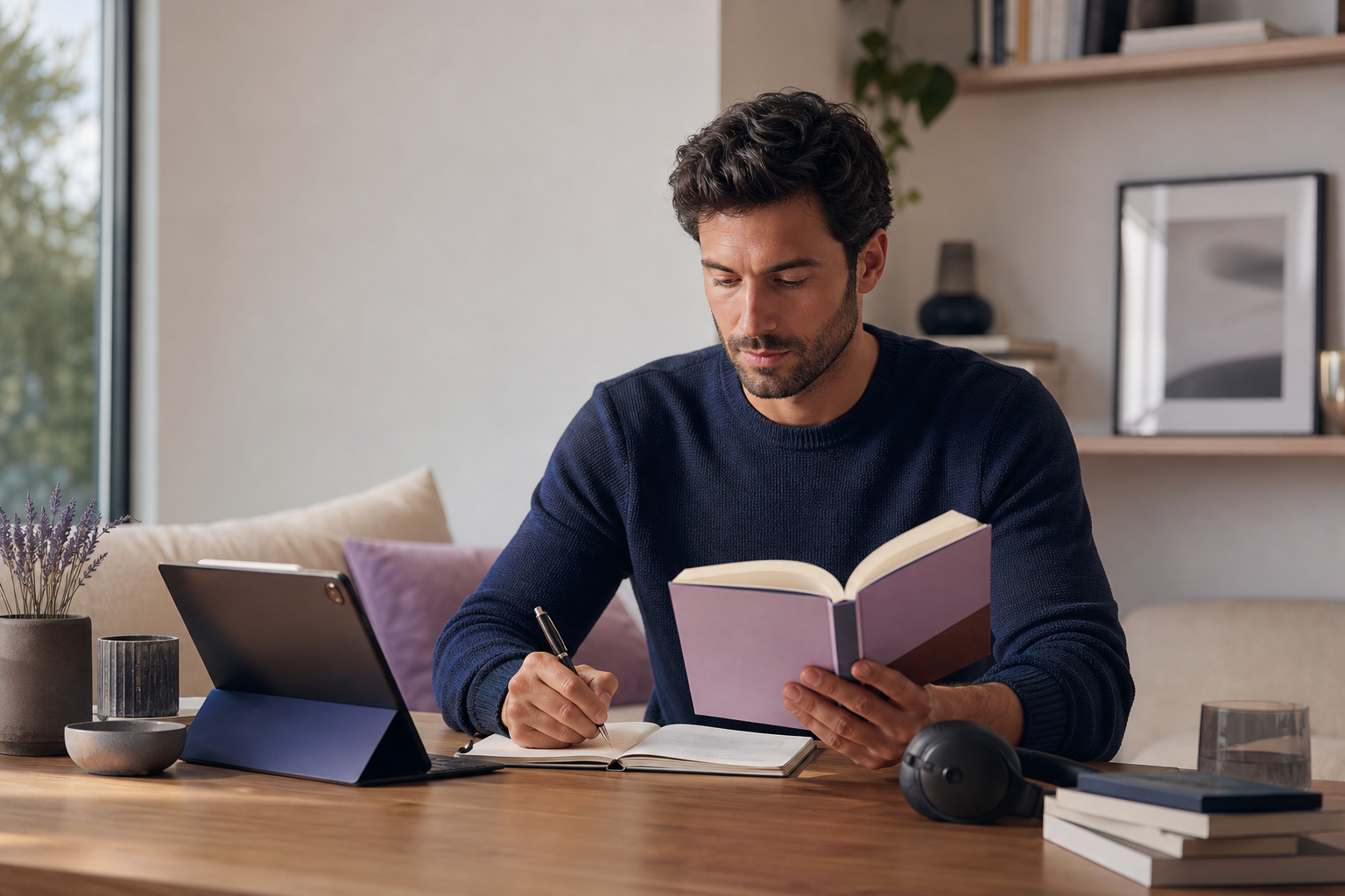 A focused man studying with a book, notes, and a tablet