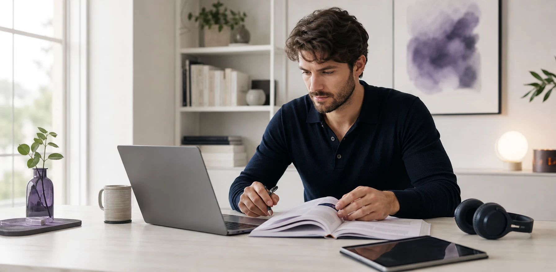 A SuitYou member studying a guide beside his laptop