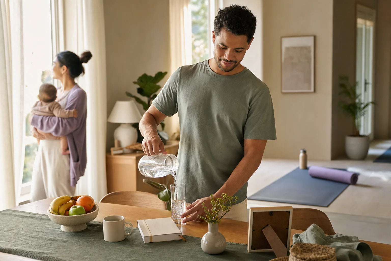 Family moving through a calm healthy morning routine at home