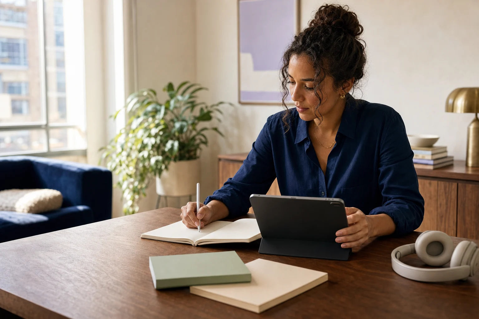 SuitYou member learning with a tablet, notebook, books, and headphones at home