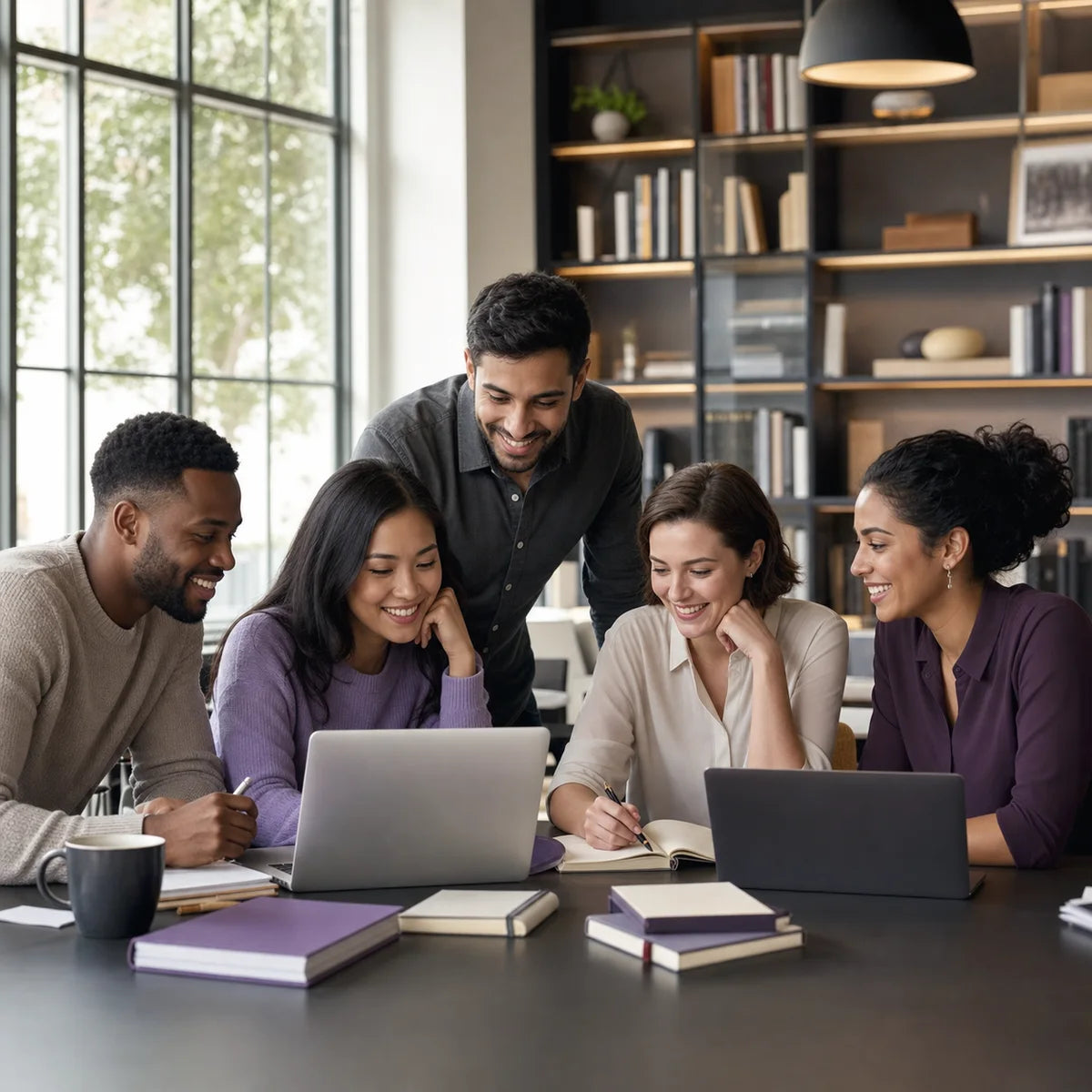 A diverse group of SuitYou members learning together around a table