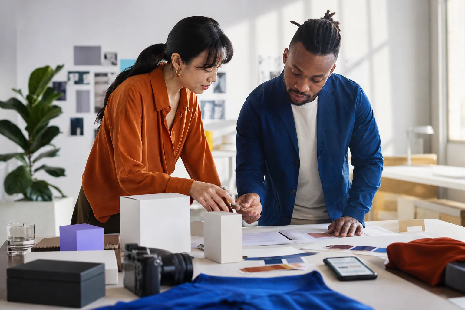 Two creators developing a clean marketing campaign in a sunlit studio