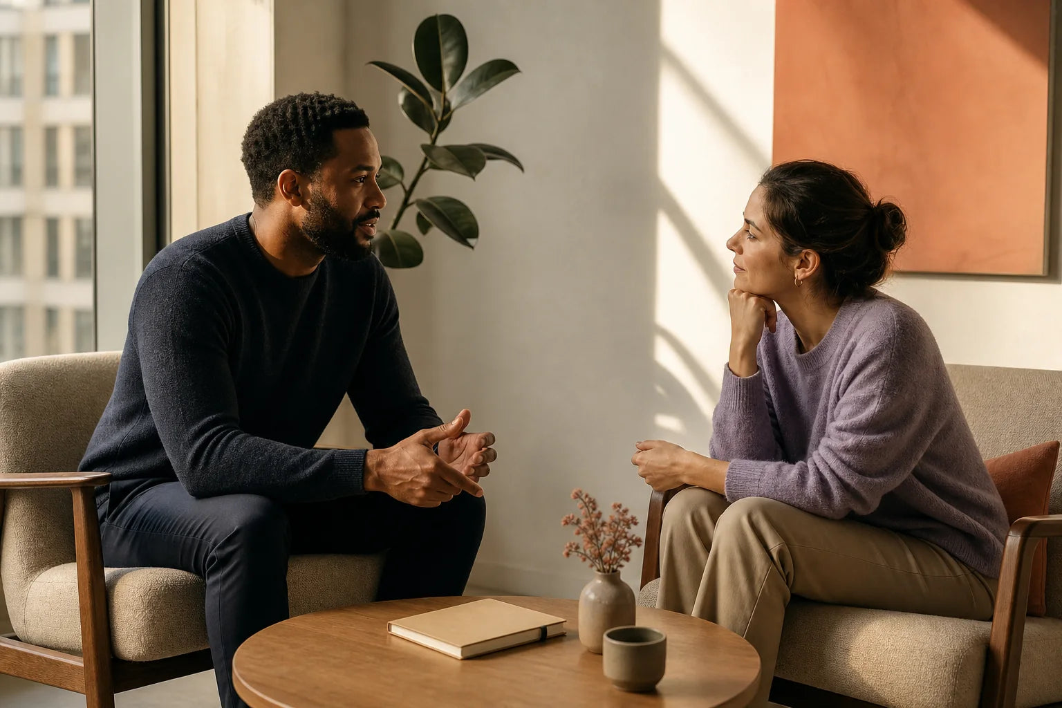 Two adults having a thoughtful conversation in a warm modern space