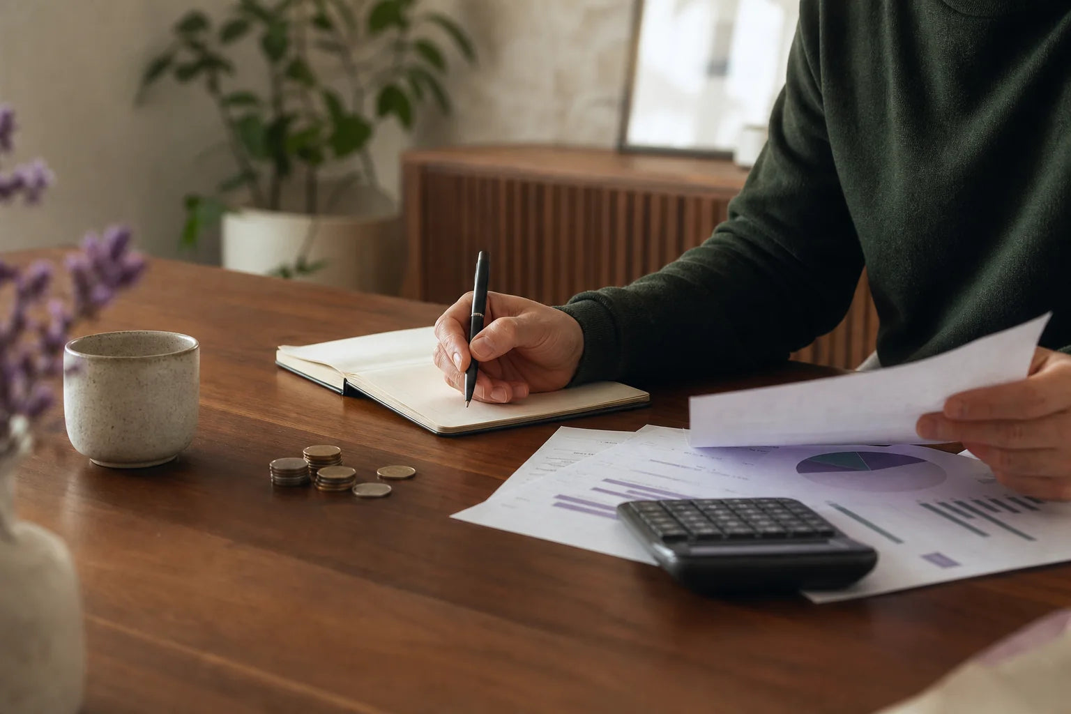 Person reviewing a budget and writing notes at a warm modern desk